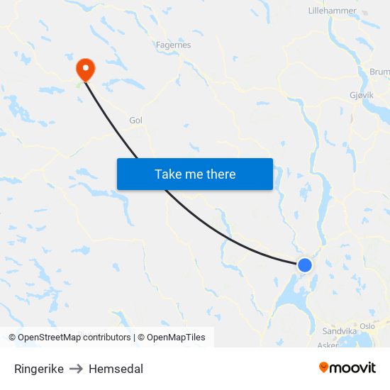 Ringerike to Hemsedal map