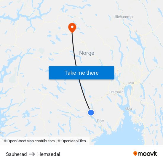 Sauherad to Hemsedal map