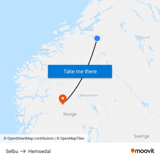 Selbu to Hemsedal map