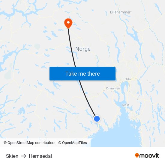 Skien to Hemsedal map