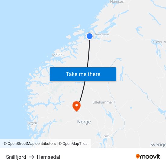 Snillfjord to Hemsedal map