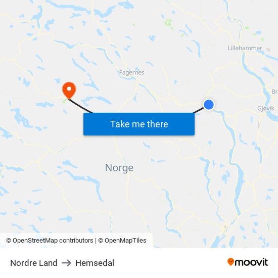 Nordre Land to Hemsedal map