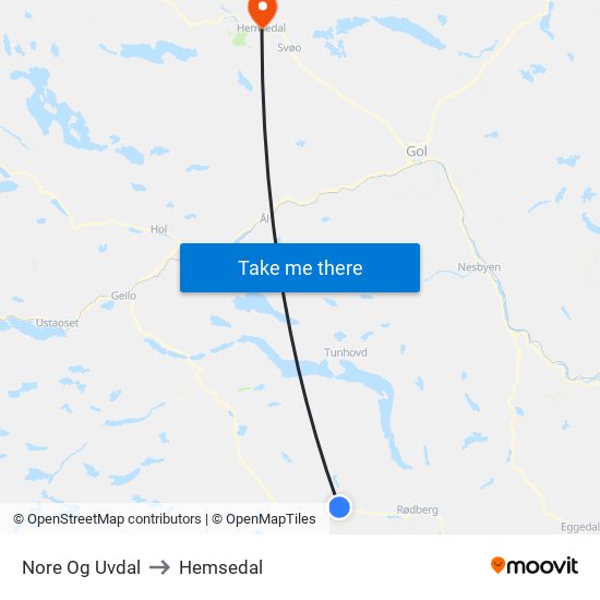 Nore Og Uvdal to Hemsedal map