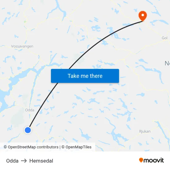 Odda to Hemsedal map