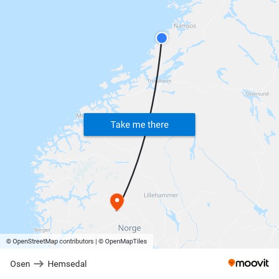 Osen to Hemsedal map