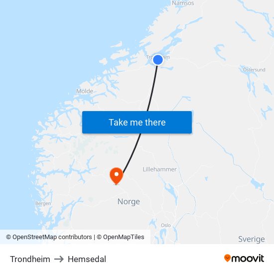 Trondheim to Hemsedal map