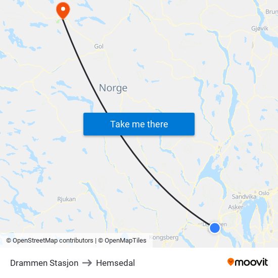 Drammen Stasjon to Hemsedal map