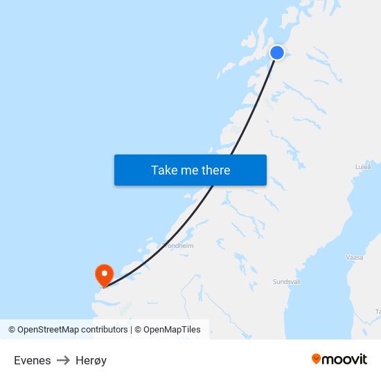 Evenes to Herøy map