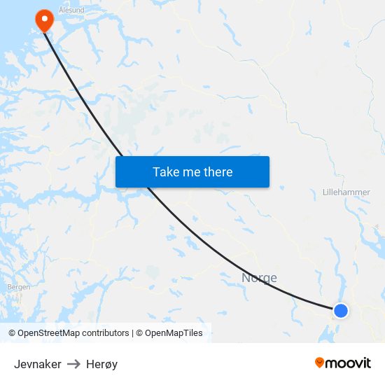 Jevnaker to Herøy map