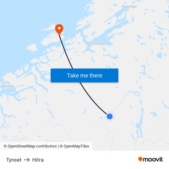 Tynset to Hitra map