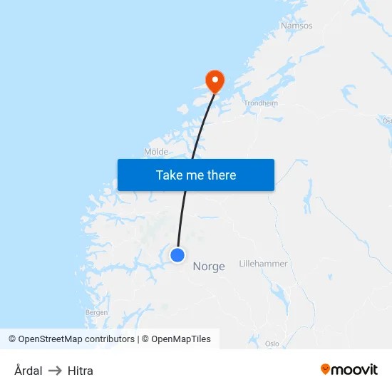 Årdal to Hitra map