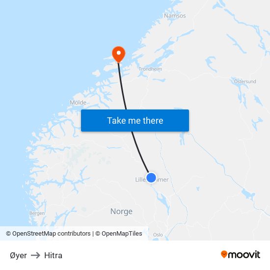 Øyer to Hitra map
