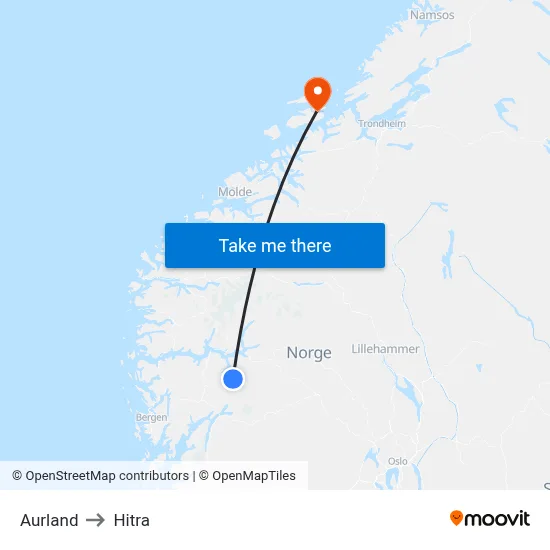 Aurland to Hitra map