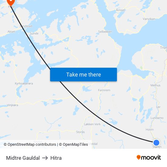 Midtre Gauldal to Hitra map