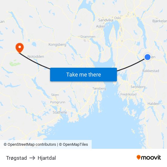 Trøgstad to Hjartdal map