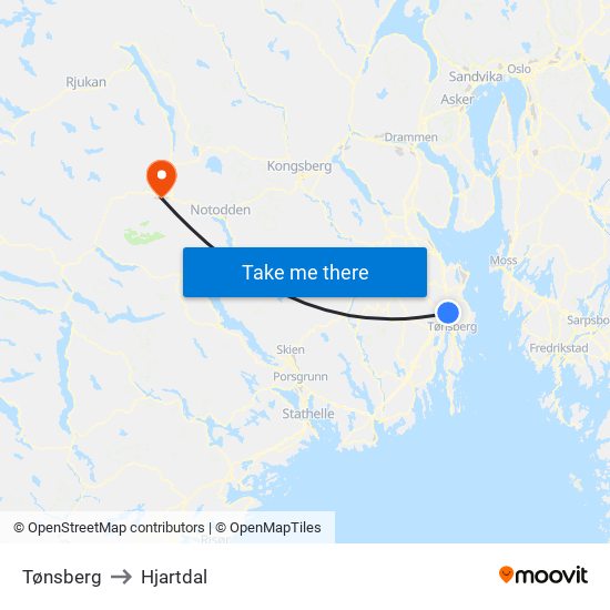 Tønsberg to Hjartdal map