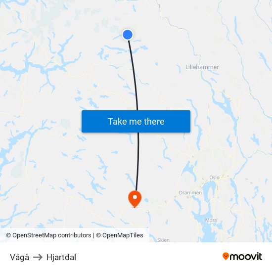 Vågå to Hjartdal map