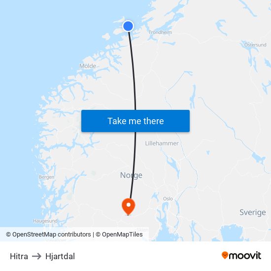 Hitra to Hjartdal map