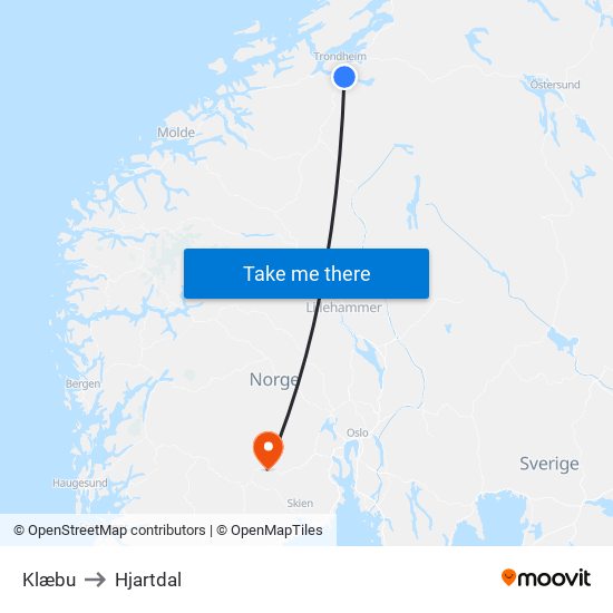 Klæbu to Hjartdal map