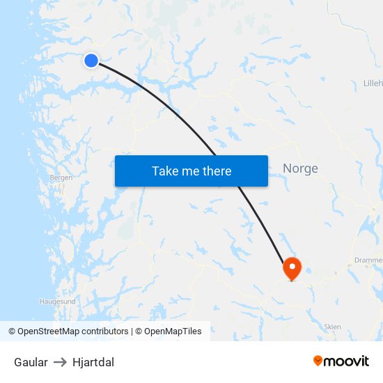 Gaular to Hjartdal map