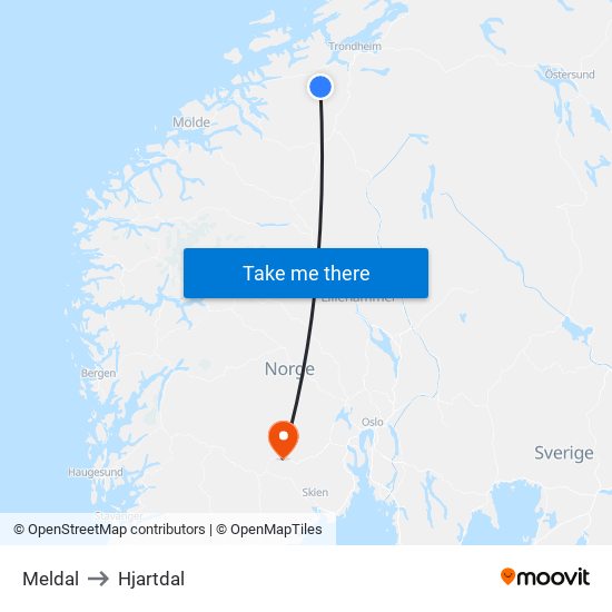 Meldal to Hjartdal map