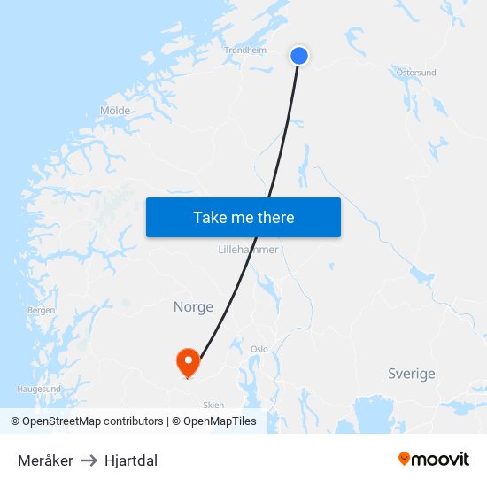 Meråker to Hjartdal map