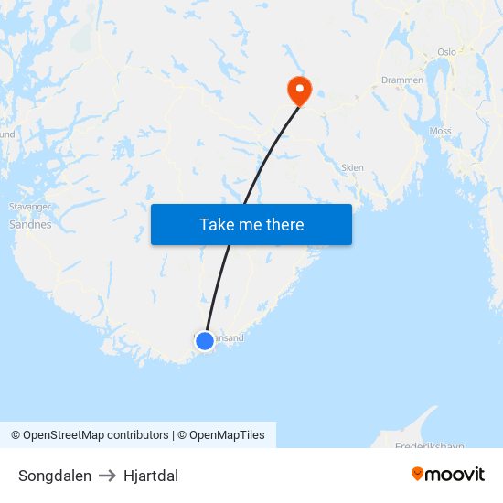 Songdalen to Hjartdal map