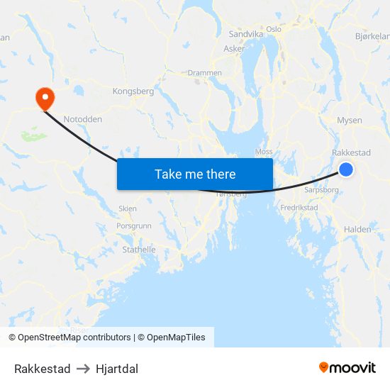 Rakkestad to Hjartdal map