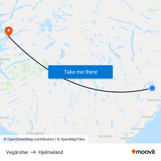 Vegårshei to Hjelmeland map