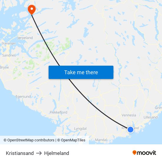 Kristiansand to Hjelmeland map