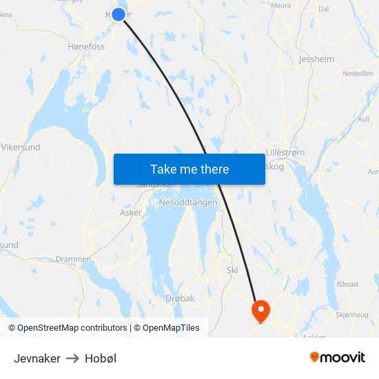 Jevnaker to Hobøl map