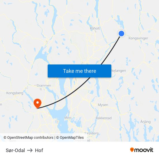 Sør-Odal to Hof map