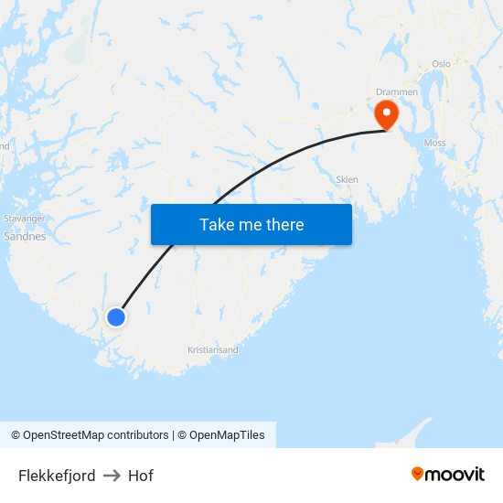 Flekkefjord to Hof map