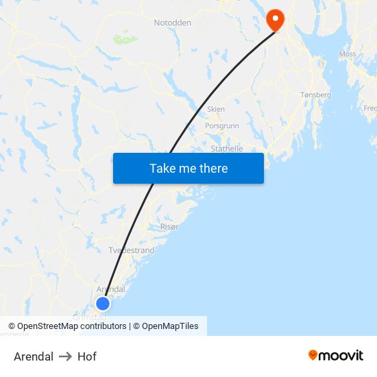 Arendal to Hof map
