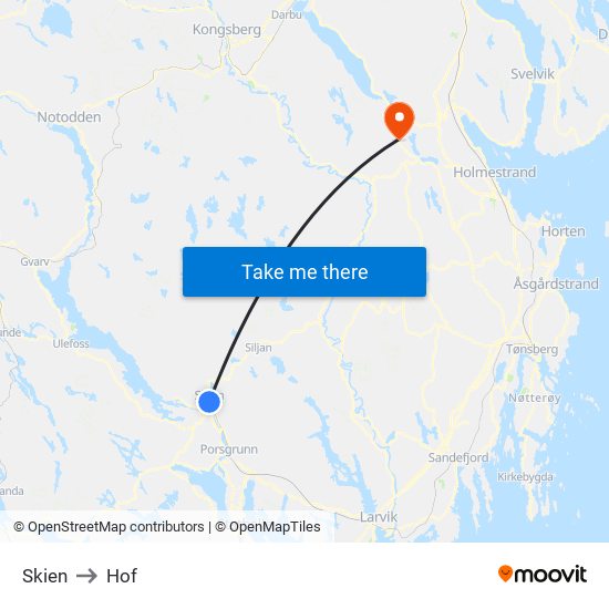 Skien to Hof map