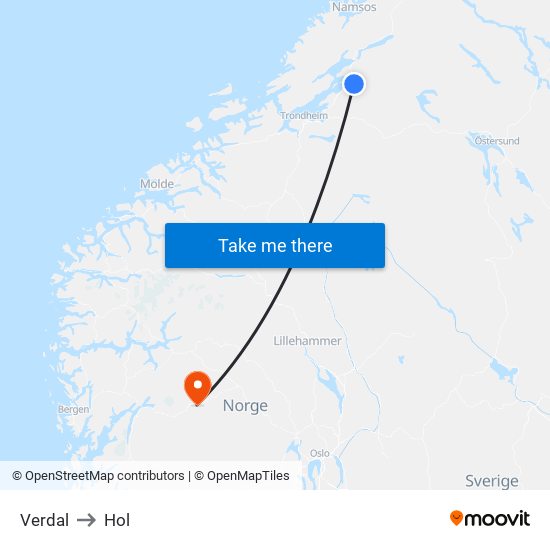 Verdal to Hol map