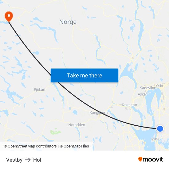 Vestby to Hol map