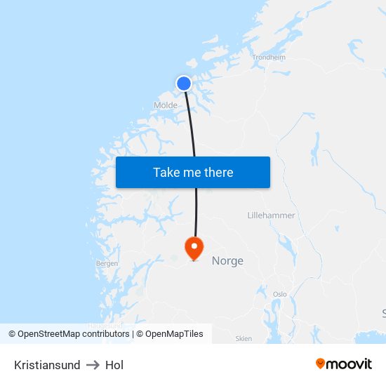 Kristiansund to Hol map