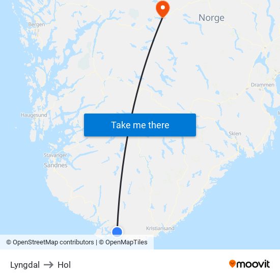 Lyngdal to Hol map