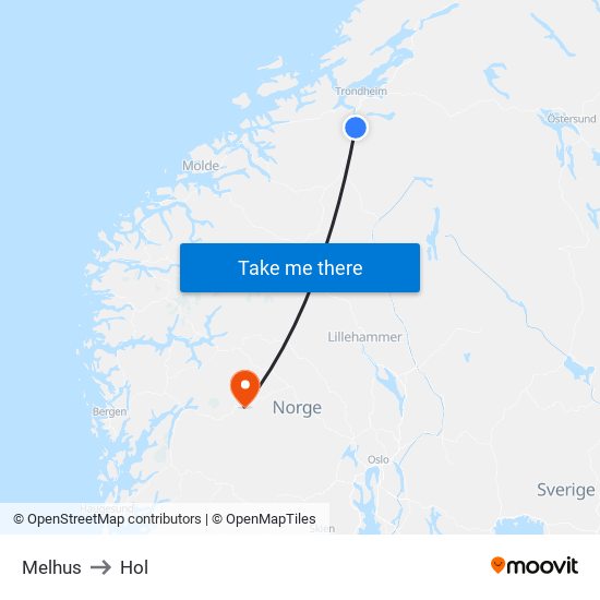 Melhus to Hol map