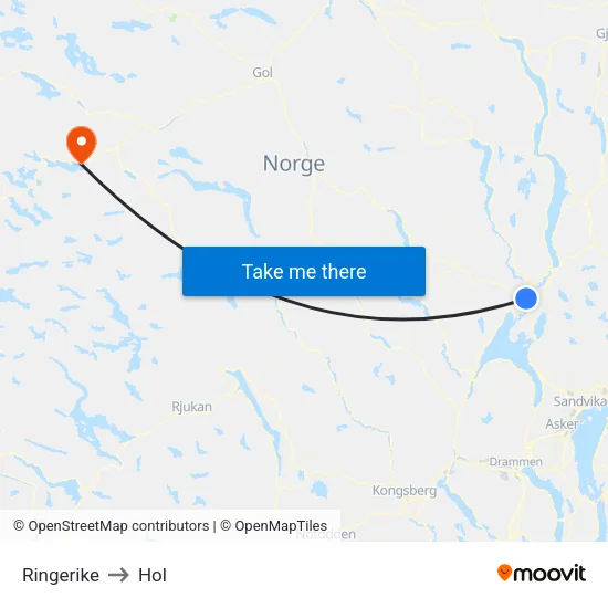 Ringerike to Hol map