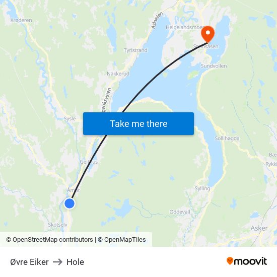 Øvre Eiker to Hole map