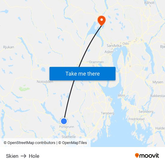 Skien to Hole map