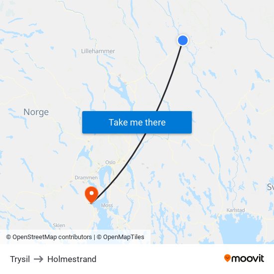 Trysil to Holmestrand map