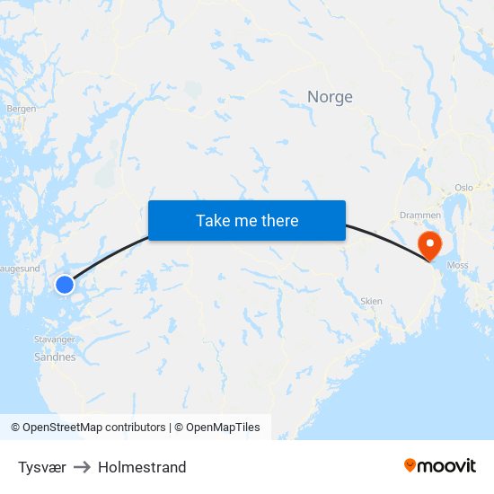 Tysvær to Holmestrand map