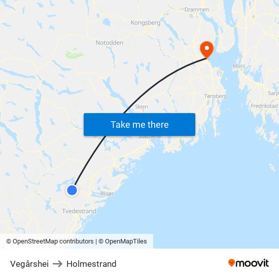 Vegårshei to Holmestrand map