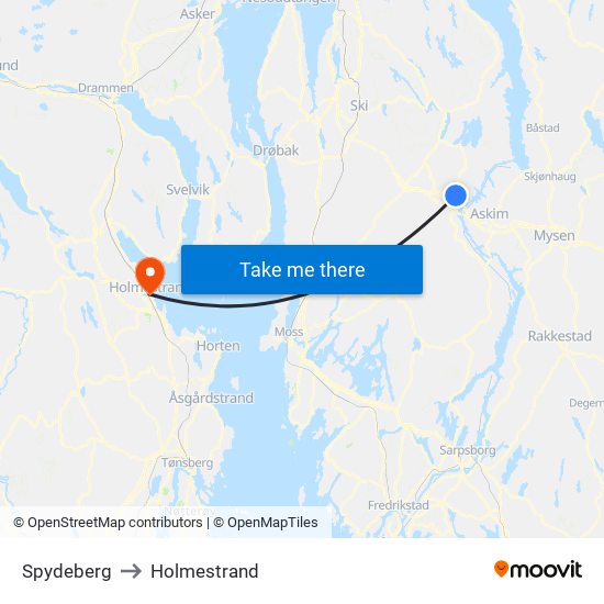 Spydeberg to Holmestrand map