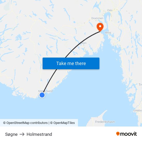 Søgne to Holmestrand map