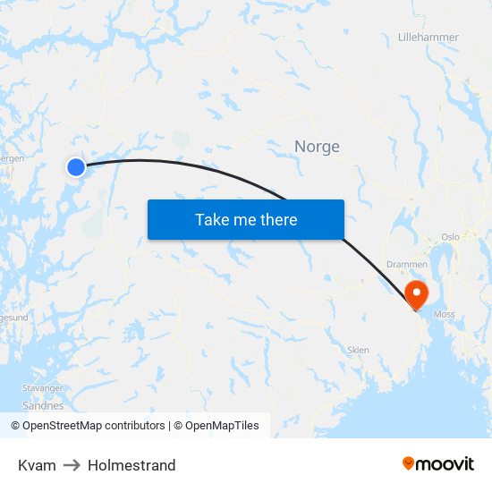 Kvam to Holmestrand map