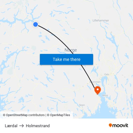 Lærdal to Holmestrand map